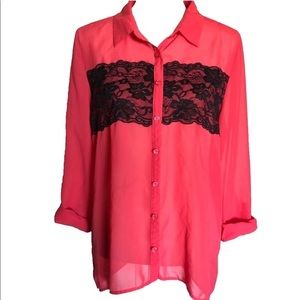 Maurices Pink Sheer Button-down Blouse w/ Lace NWT
